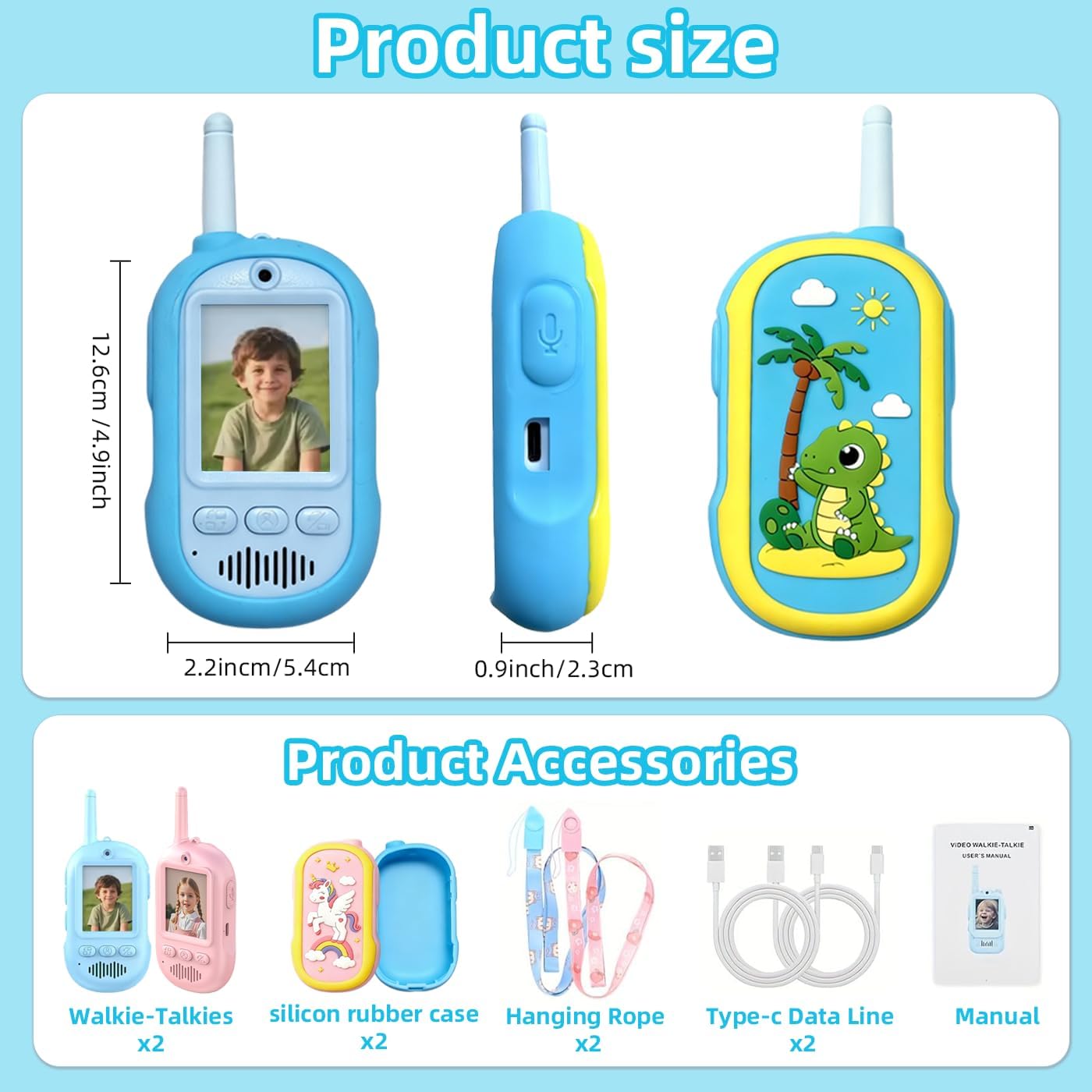 2PCS Video Walkie Talkies for Kids Camping Toys Spy Gear Outdoor Games for Family Hide and Seek Spy Role Play ABS Rechargeable Long-Range HD Camera Voice Changer Toy - Blue/Pink 136x56x26mm - Image 4