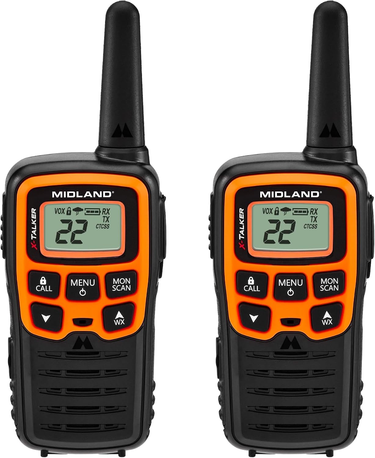 Midland- T51VP3 X-TALKER Spotting and Recovery Walkie-Talkie Long Range - FRS Two Way Radio for kids Caravanning with NOAA Weather Scan + Alert, 38 Privacy Codes - Black/Orange - 2 Pack