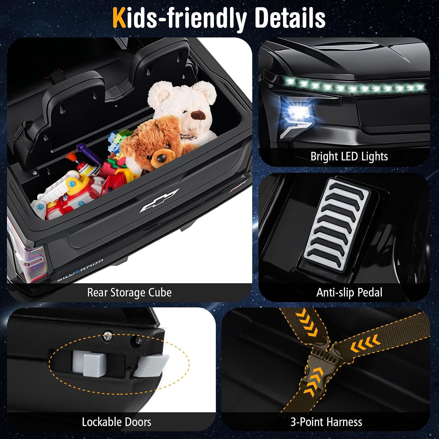 Costzon Ride on Car, 12V Licensed Chevrolet Truck, Kids' Electric Vehicles with Remote Control, Rear Storage, Music, USB, Lights & Spring Suspension, Kids Car Toy for Aged 3+ (Truck, Black) - Image 6