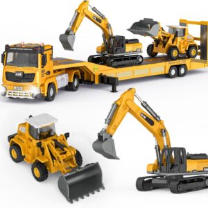 Pupu Pig Kids Toys for 3 4 5 6 7 Years Old Boys, Die-cast Construction Toys Set w/Semi Truck, Excavator, Bulldozer, Alloy Engineering Construction Vehicles Truck Toys w/Lights & Sounds, Model Cars