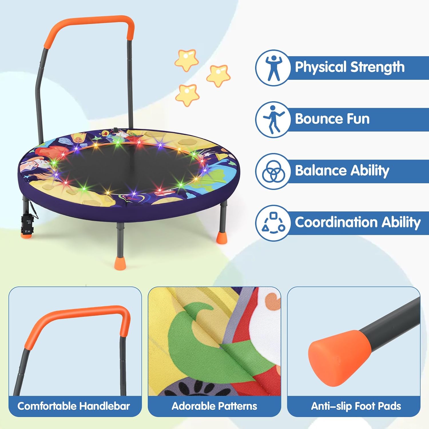 Goplus Foldable Toddler Trampoline for Kids, 36'' Recreational Mini Trampoline w/20 LED Lights, Foam Handle, Padded Safety Cover, Indoor Outdoor Exercise Rebounder for Boys Girls Aged 3-6 - Image 5