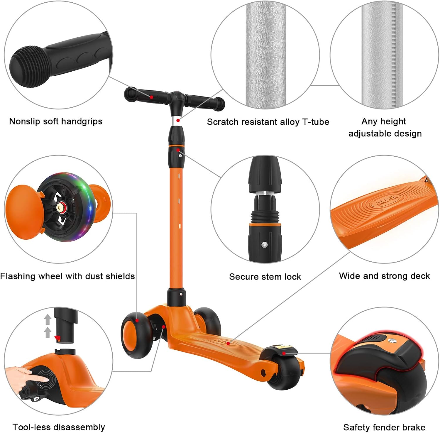 Allek Kick Scooter B03, Lean 'N Glide 3-Wheeled Push Scooter with Extra Wide PU Light-Up Wheels, Any Height Adjustable Handlebar and Strong Thick Deck for Children from 3-12yrs (Orange) - Image 2