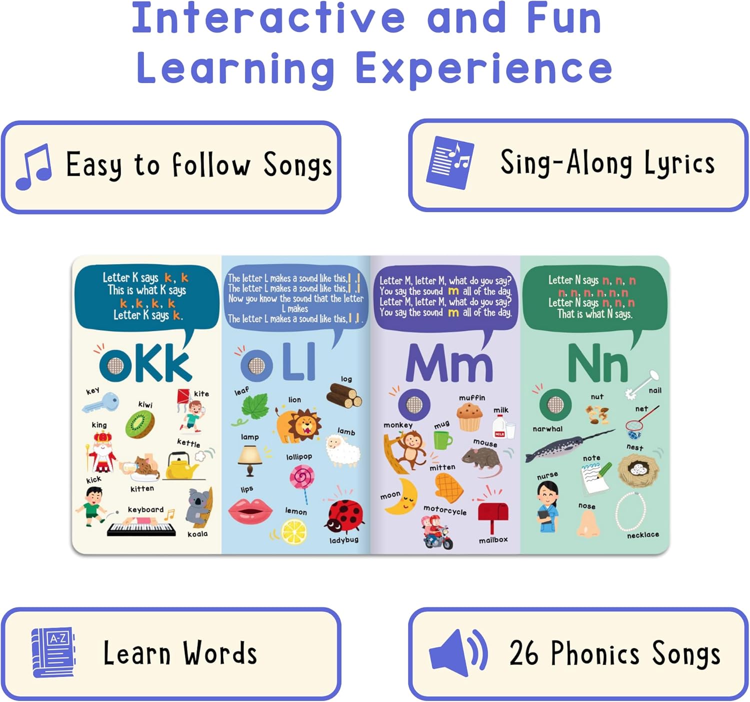 LEARNING BUGS Phonics Songs Book, 26 Letter Sound Songs, Preschool & Kindergarten Learn to Read for 3 Year olds, Perfect Toy and Gift for Toddlers Ages 2+ - Image 4