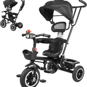 Toddler Tricycle, 6-in-1 Push Tricycle for Toddlers 3-6 Years, with Adjustable Push Handle, Removable Canopy & Storage – Bike Stroller for Park Walks, Family Outings & Outdoor Adventures (Black)