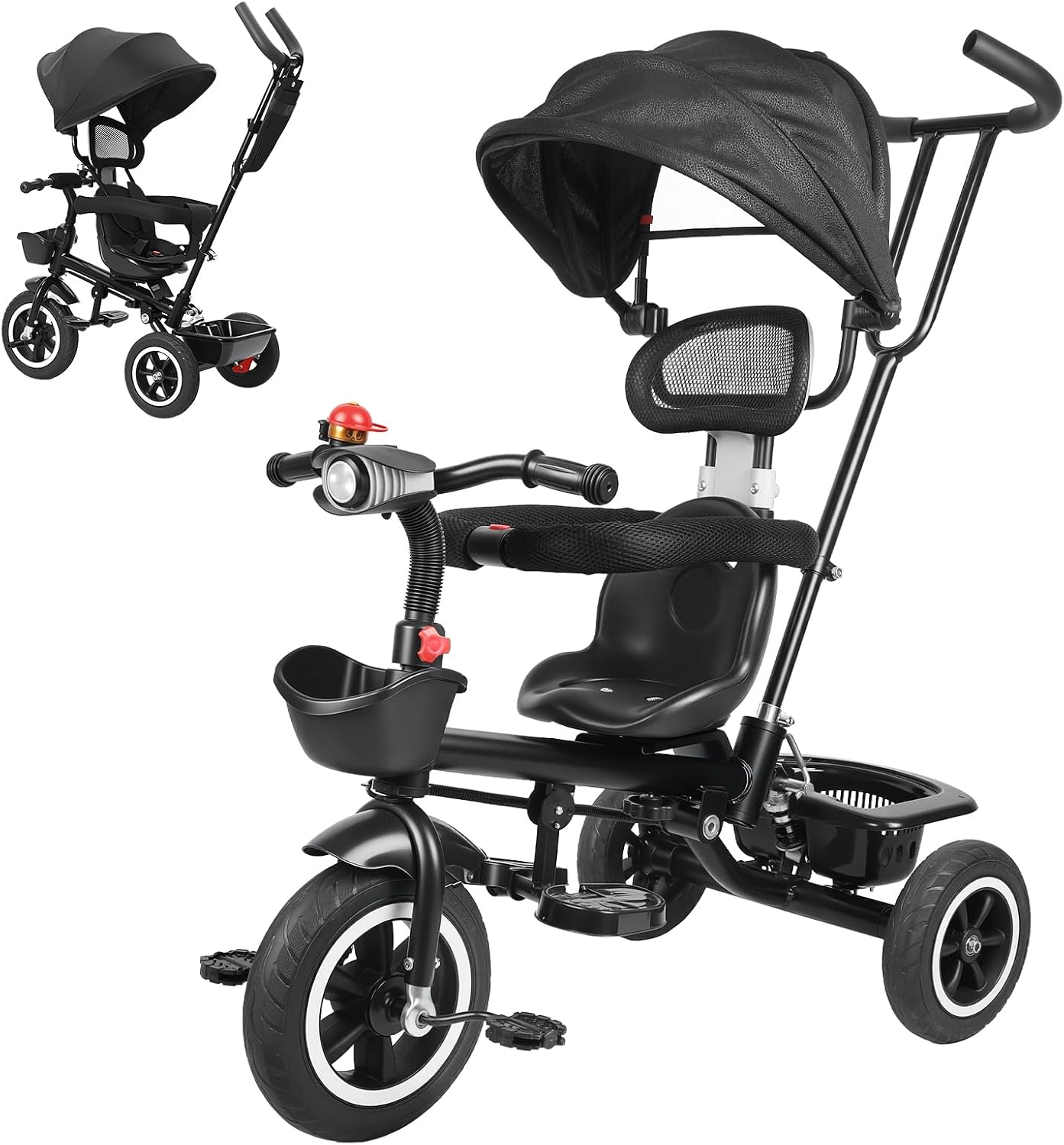 Toddler Tricycle, 6-in-1 Push Tricycle for Toddlers 3-6 Years, with Adjustable Push Handle, Removable Canopy & Storage – Bike Stroller for Park Walks, Family Outings & Outdoor Adventures (Black)