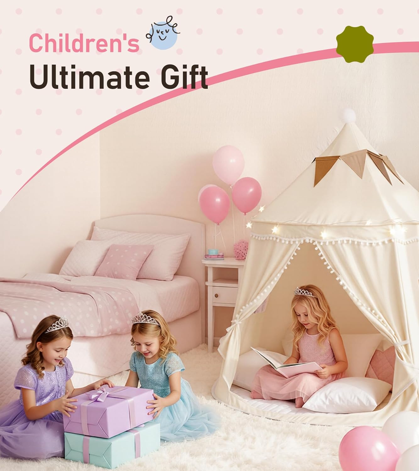 Play Tent with Padded Mat, Star Lights and Flags, Large Playhouse Kids Castle Tents, Indoor Outdoor Game Tent, Portable Children Yurt Tents, Gift for Boys & Girls, 47''x45'', Cream - Image 7