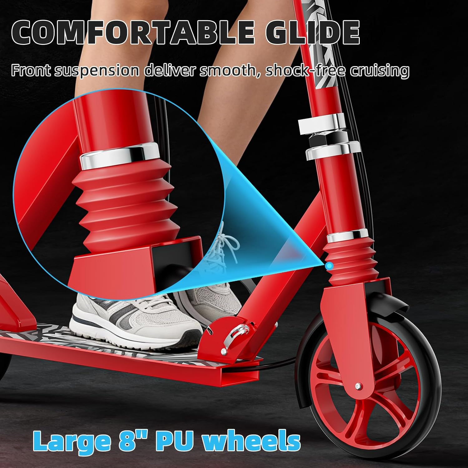 Scooters for Kids 8-12, Teens & Adults - Load 240 LBS, 8-Inch Wheels, Kick Scooter with Shock Absorption System, Hand Brake & Bell, 4 Adjustable Height Levels, Perfect for School, Commuting or Park - Image 3