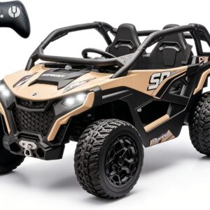 sopbost XL 24V Real 2 Seater Kids UTV Ride-On Car with Remote Control 4×4 4WD Electric Vehicle for Kids 3-8 to Drive, Bluetooth Music, 4 Spring Suspension, 21.85″ Spacious Seat – Quicksand