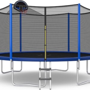 GYMAX Trampoline for Kids, ASTM Approved 12FT 14FT 15FT 16FT Recreational Toddler Trampoline with Enclosure Net, Basketball Hoop, Basketball & Pump, Rebounder for Adults
