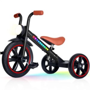 KRIDDO Kids Tricycle, 12 Inch Puncture Free Wheel w Front Light, Adjustable Seat Height, Gift for 2-5 Year Olds, BlackLED