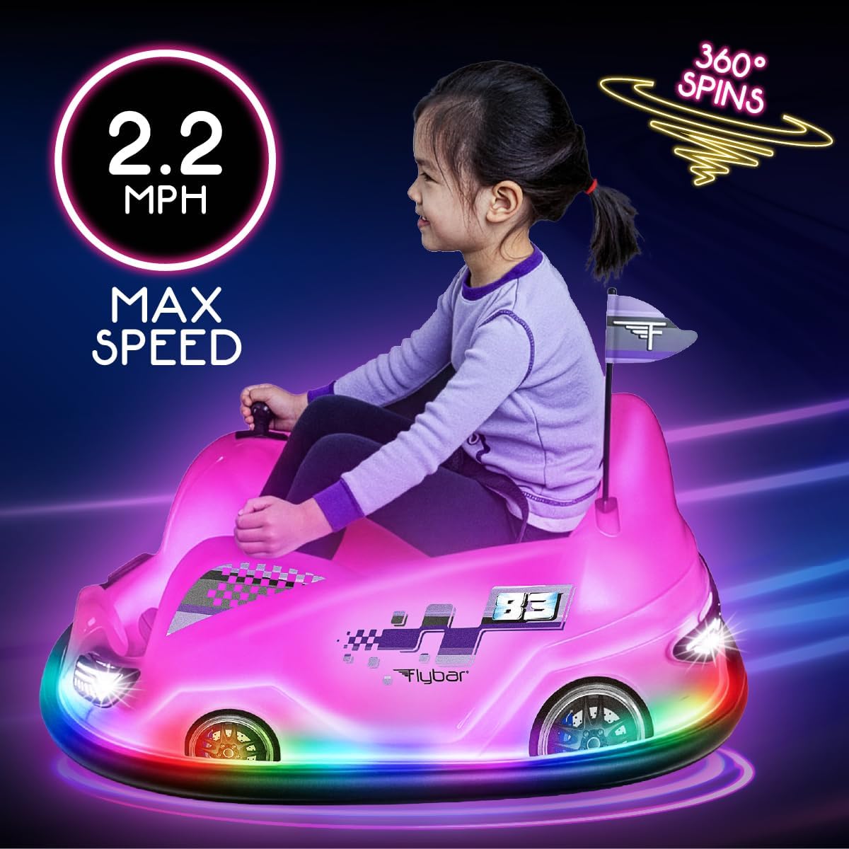Flybar 12V Glow Bumper Car Ride On Toy - Indoor/Outdoor Toys, Toddler Toys, Bumper Cars, Kids Electric Car, w/ 360° Spins, Multi-Color LED Lights, Max Weight of 100lbs, Age 4-9yrs, Pink - Image 6