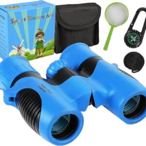 Portable 8×21 Binocular for Kids with Compass Carabiner&Magnifying Glass,Small Telescope Gift for Aged 3-12 Boys Girls Real Binoculars for Child Bird Watching Camping Travel Outdoor Wildlife-Blue
