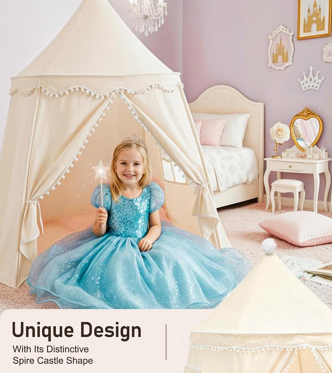 Play Tent with Padded Mat, Star Lights and Flags, Large Playhouse Kids Castle Tents, Indoor Outdoor Game Tent, Portable Children Yurt Tents, Gift for Boys & Girls, 47''x45'', Cream - Image 2