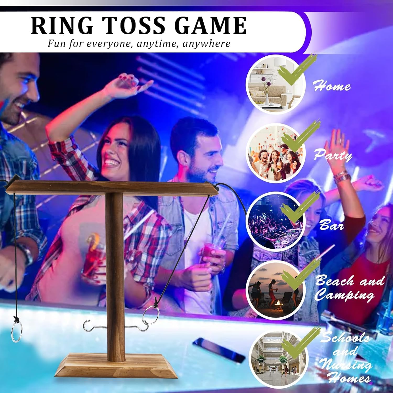 Wooden Ring Toss Game - Classic 2-Peg Tossing Set | Handmade Halloween Games & Thanksgiving Entertainment for Adults, White Elephant Gift Exchange, Portable Family Fun for Backyards & Parties - Image 2