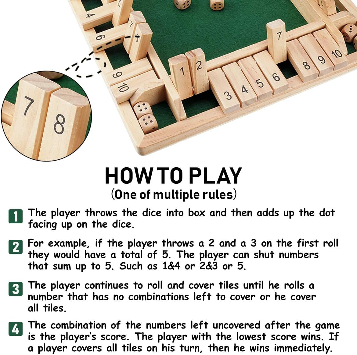 Ropoda Wooden Shut The Box Game (2-4 Players) - Large 4 Sided Board, 8 Dice, Rules - Amusing Addition Game for Kids & Adults, 12 Inch - Image 7