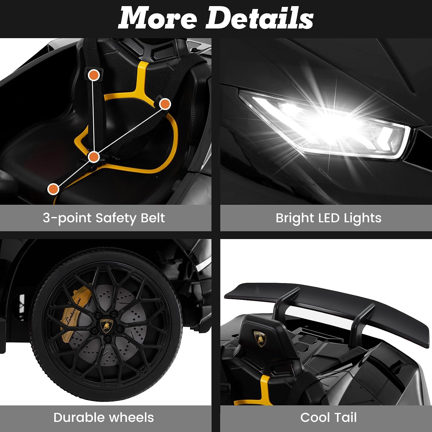 Licensed Lamborghini Huracan Ride on Car by INFANS, 12V Kids Electric Vehicle Battery Powered Toy with Remote Control, LED Lights, Spring Suspension, Bluetooth, MP3, Aged 3-8 Years (Black) - Image 8