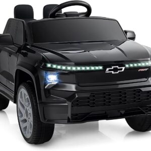 Costzon Ride on Car, 12V Licensed Chevrolet Truck, Kids’ Electric Vehicles with Remote Control, Rear Storage, Music, USB, Lights & Spring Suspension, Kids Car Toy for Aged 3+ (Truck, Black)
