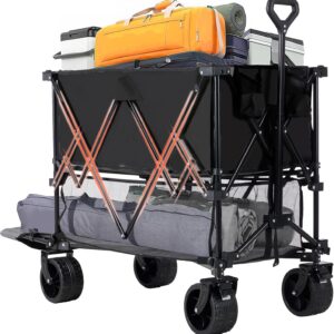 NEWBULIG Large Capacity Folding Double Decker Wagon with Brakes, 440lbs Wagons Carts Foldable Wagon Cart with Flexible Handle, All-Terrain Big Wheels for Grocery Sports Garden Camping