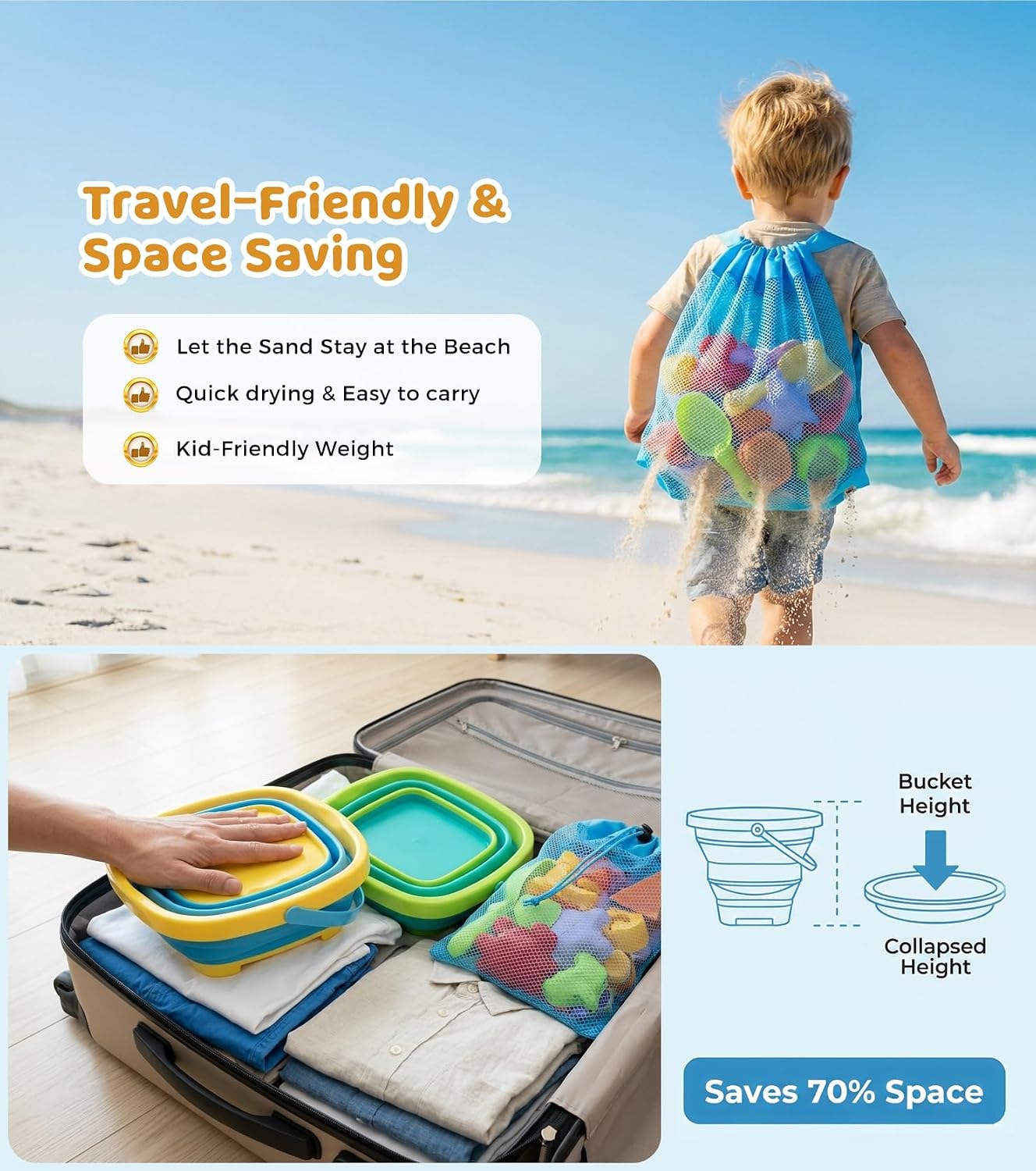 Eicaus 46 PCS Beach Sand Toys for Kids Toddlers, Collapsible Sand Buckets & Mesh Bag Set with Heavy Duty Metal Sifters, Treasure Hunt Gems, Castle Molds, Travel Sandbox Toys for Boys Girls - Image 4