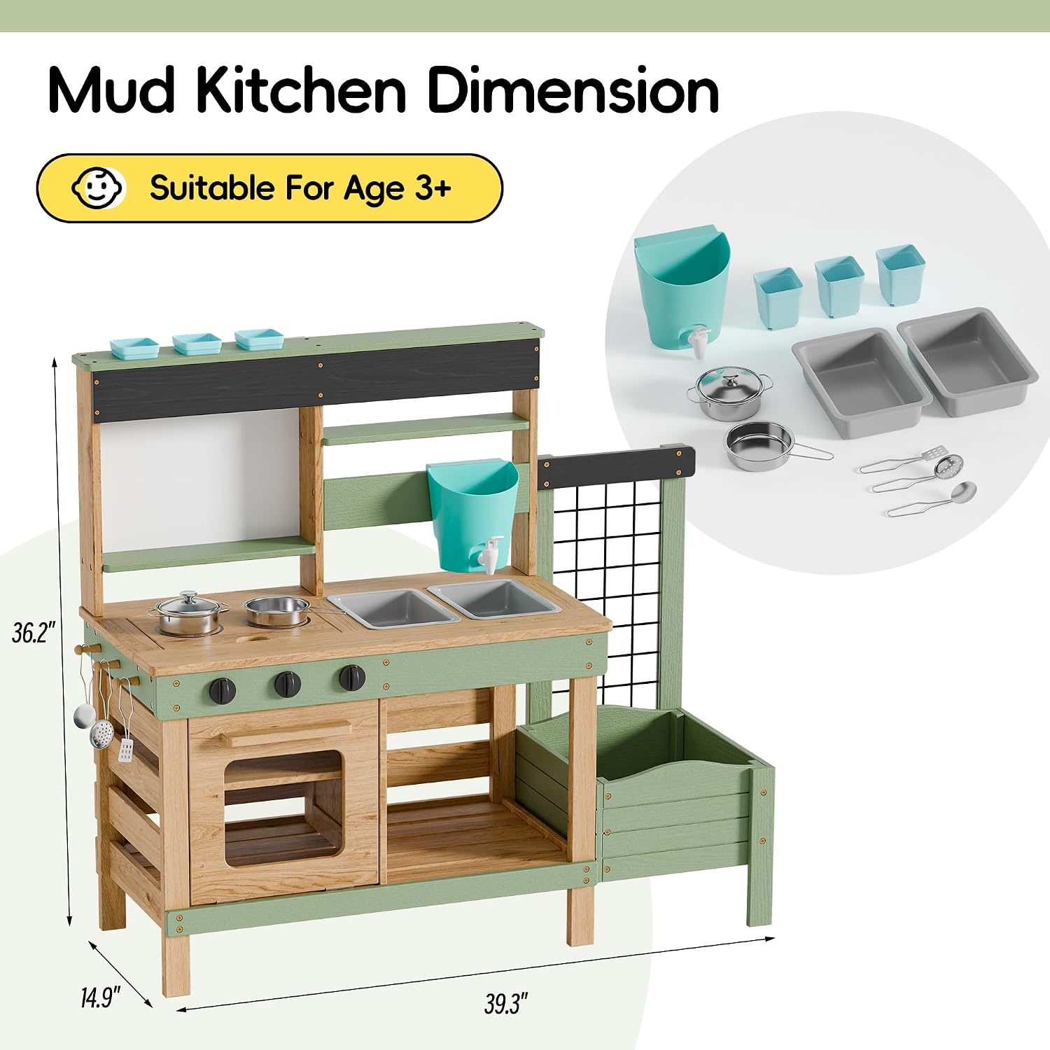 Outdoor Mud Kitchen for Kids, Wooden Pretend Play Kitchen with Plant Growing Box, Removable Sink, Oven and Stove, Kids Kitchen Playset with Kitchen Accessories for Backyard & Garden - Image 7