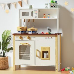 Babytronic Kids Play Kitchen, Wooden Kitchen Playset for Kids Ages 3+ with Real Lights, Sounds, Stove, Sink, Oven, and 30 Pcs Accessories, Toys Kitchen Small Pretend Play Kitchen for Toddlers (White)