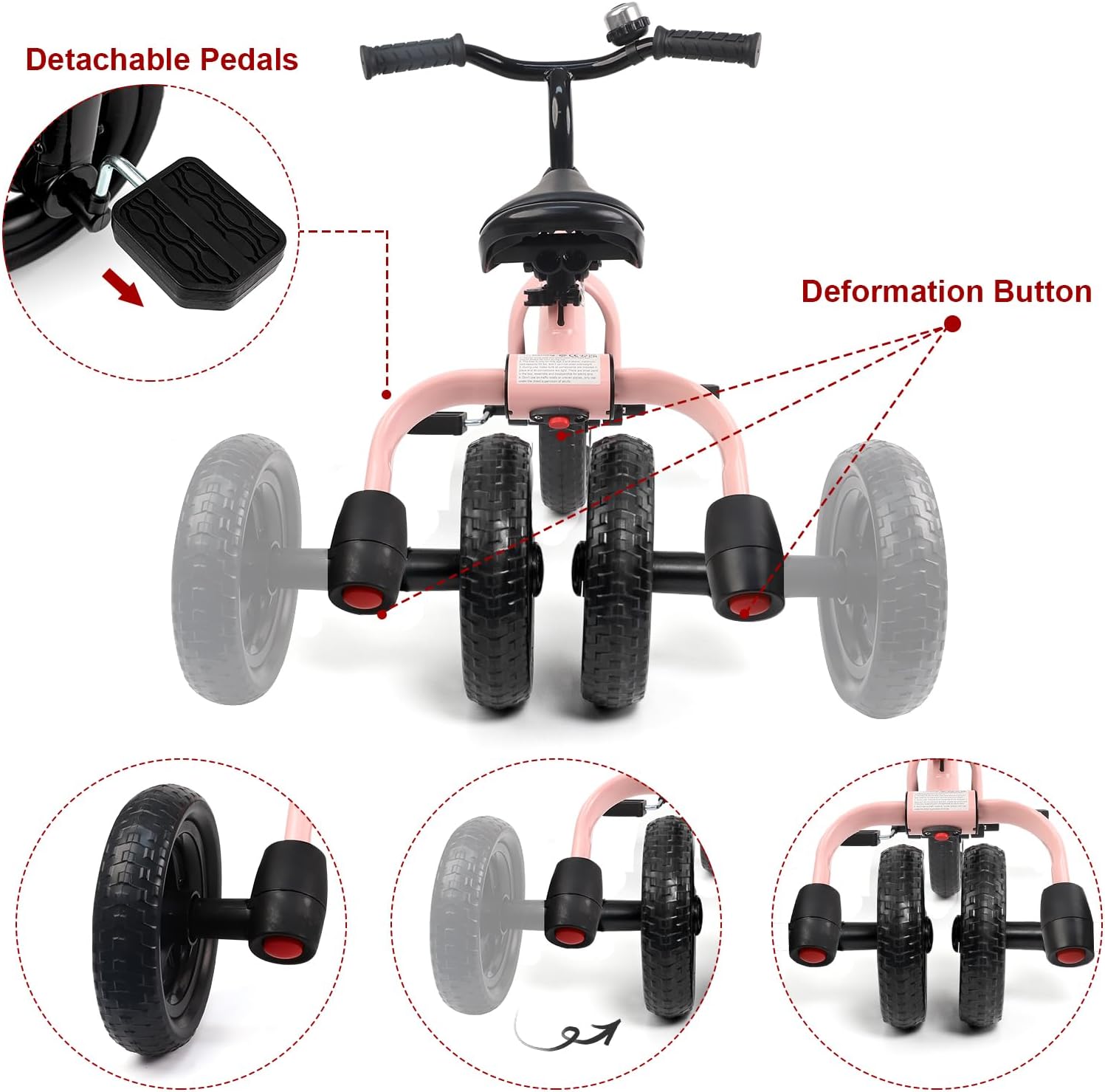 XPIY Tricycle for Toddlers Age 2 to 4 Years Old, 3 in 1 Folding Toddler Bike for Boys and Girls, Kids' Bike Trike with Detachable Pedal and Adjustable Seat Light Pink - Image 6