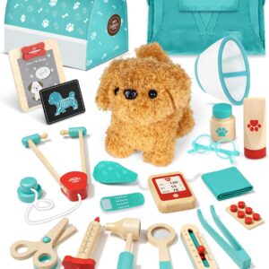 Lehoo Castle Wooden Doctor Kit for Toddlers 3-5 Girls Toys, Vet Toys for Kids, Pretend Play Doctor Set with Puppy, Stethoscope & Dress Up Costume Medical Accessories