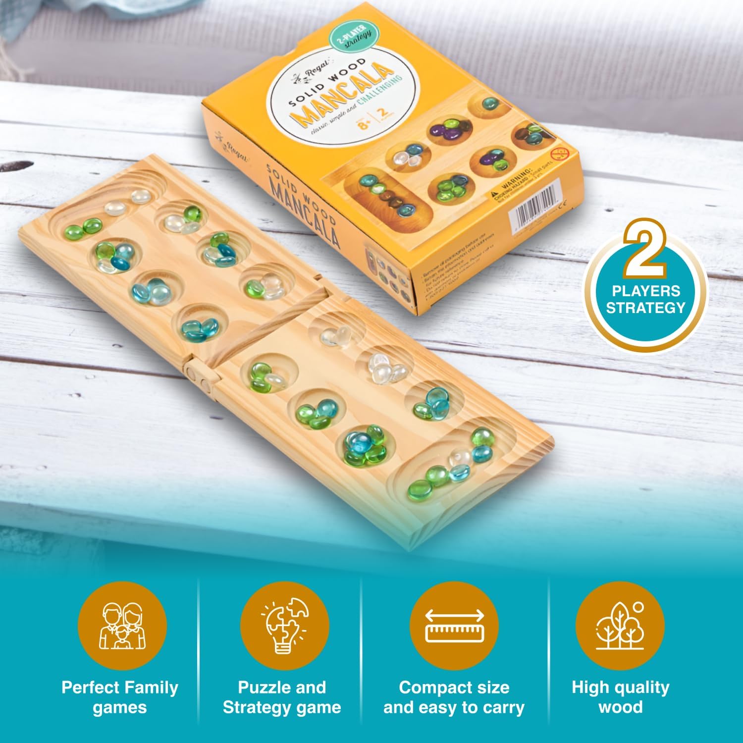 Regal Games Mancala Board Game - Fun Classic Table Game with Wooden Board for Adults & Kids - 48 Glass Mancala Beads & 2 Player Games - Ideal for Family Game Night, Travel (Ages 8+) - Image 4
