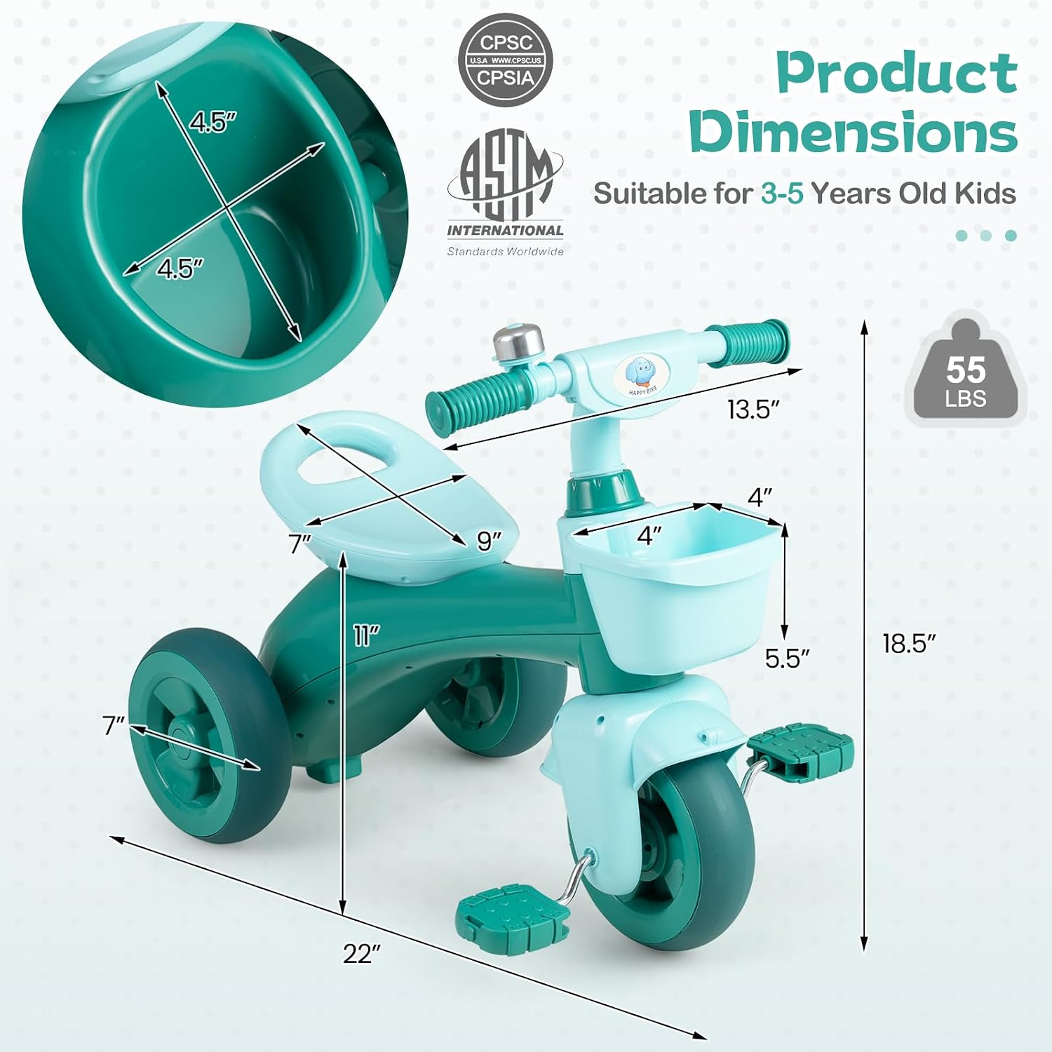 BABY JOY Toddler Bike, Kids Tricycle with Front & Rear Storage Basket, Ergonomic Seat, Non-Slip Handle and Fun Bell, Children Trike for Boys Girls Indoor Outdoor Play (Green) - Image 9
