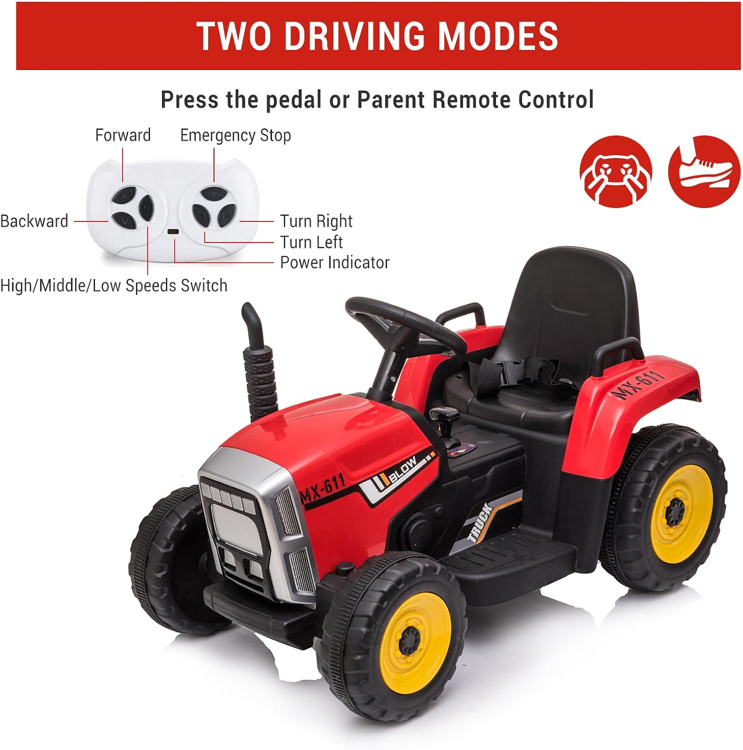Garvee 12V 4.5Ah Kids Ride on Tractor with Trailer & Remote Control, 5Mph Speed, Toddler Electric Vehicle Car with Headlights,2+1 Gear Shift, Music, USB for 3-6 Years Children, Two 25W Motors, Red - Image 2