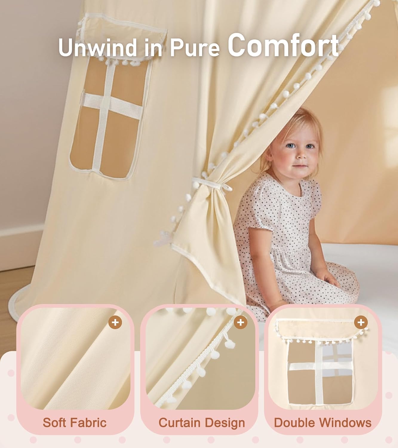 Play Tent with Padded Mat, Star Lights and Flags, Large Playhouse Kids Castle Tents, Indoor Outdoor Game Tent, Portable Children Yurt Tents, Gift for Boys & Girls, 47''x45'', Cream - Image 5