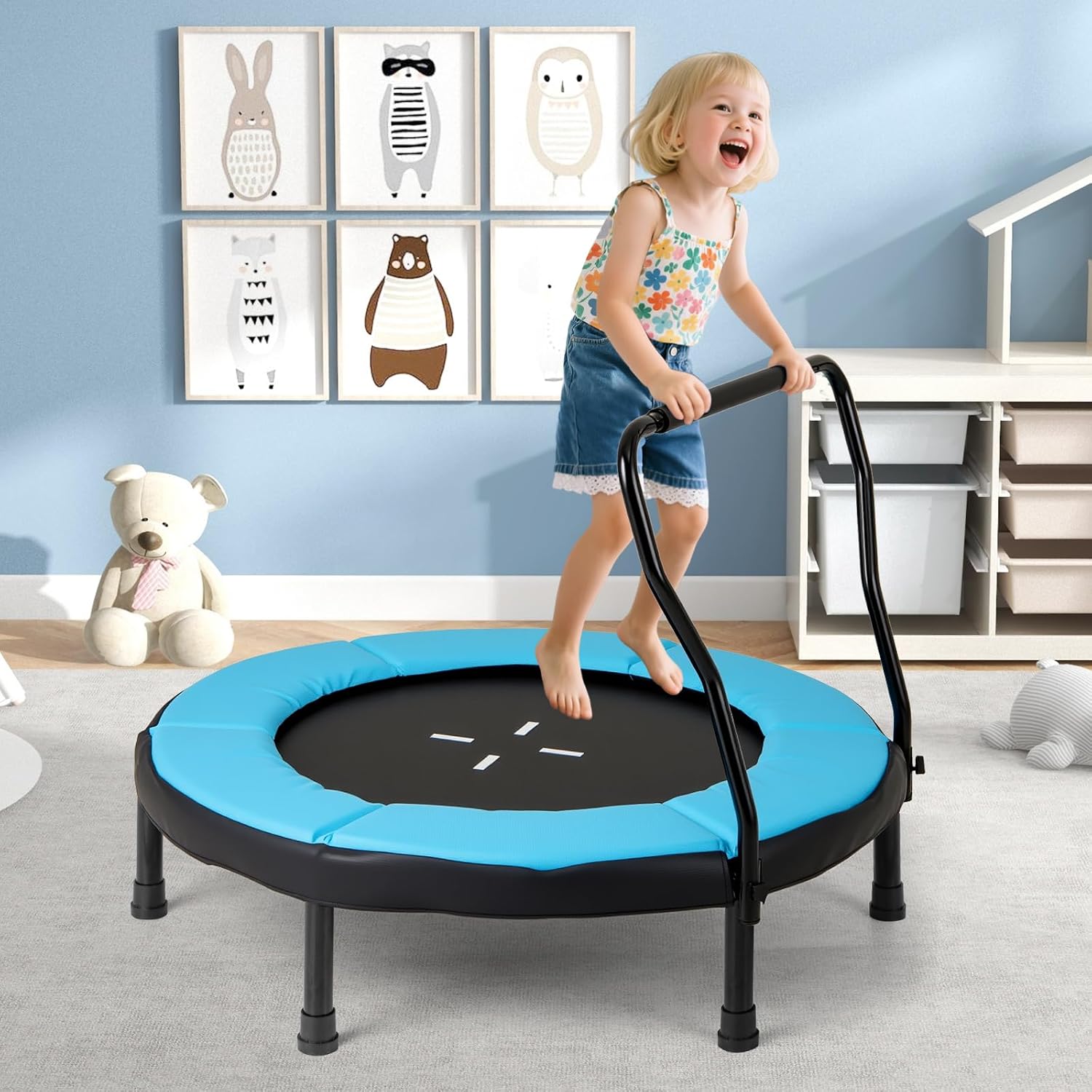 Goplus 40" Mini Trampoline for Kids, Indoor/Outdoor Fitness Trampoline with Foam Handlebar & Safety Pad, Home Workout Equipment for 3-6 Years Old Toddlers, Gift for Boys & Girls - Image 9