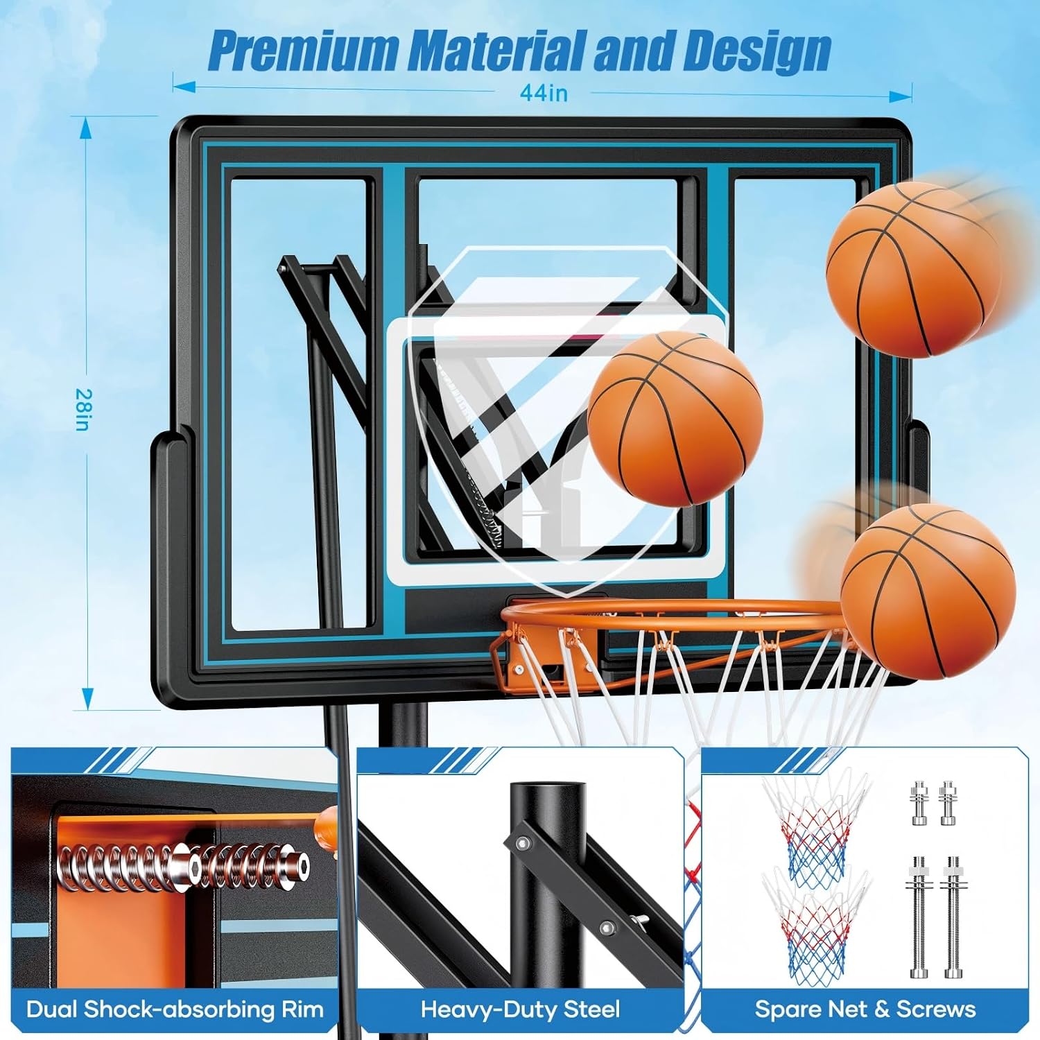 Asbest 44" Portable Basketball Hoop Outdoor | 5.5-10ft Stepless Adjustable Height Basketball Goal System for Driveway, Backyard, for All Ages - Image 4