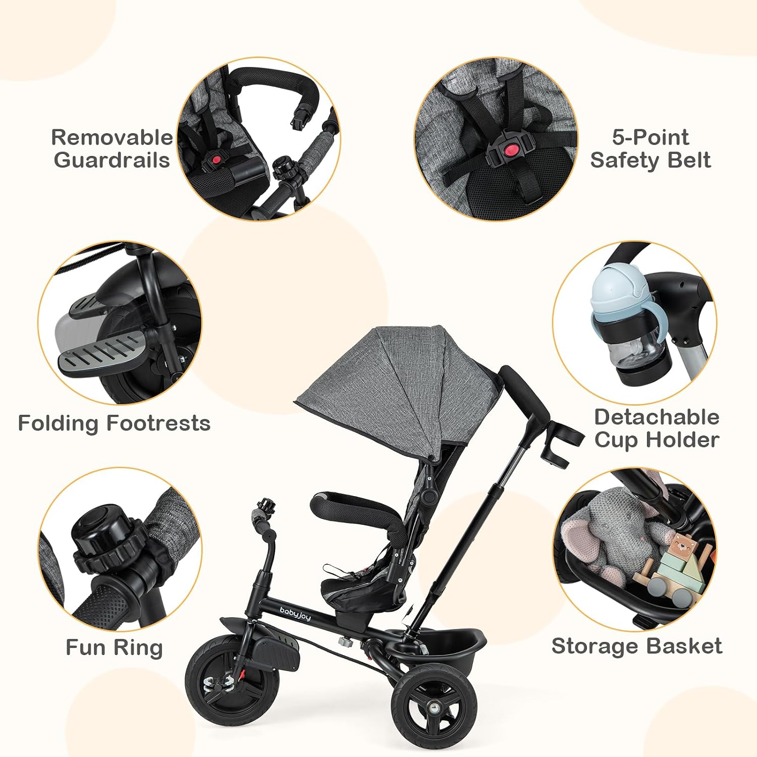 BABY JOY Tricycle, 6 in 1 Trike for Toddler w/Reversible Seat, Adjustable Canopy & Parent Handle, 5-Point Safety Belt, PU Wheels and Storage Basket, Push Tricycle for 9-60 Months (Gray) - Image 5