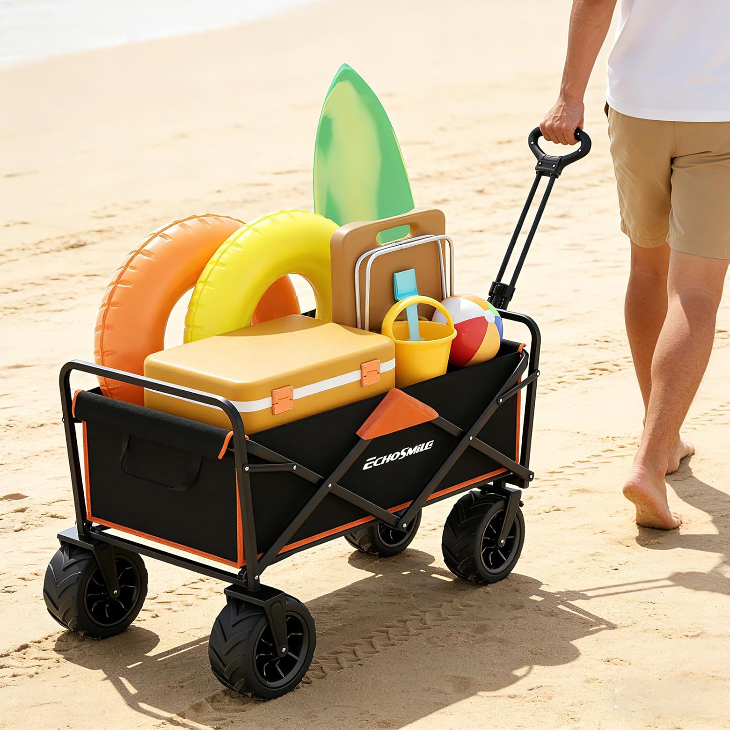 EchoSmile Heavy Duty 350 Lbs Capacity Collapsible Wagon, Outdoor Folding Camping Grocery Portable Utility Cart, Adjustable Rolling Carts, All Terrain Beach Wagon with Big Wheels (Black&Orange-Arrow) - Image 7