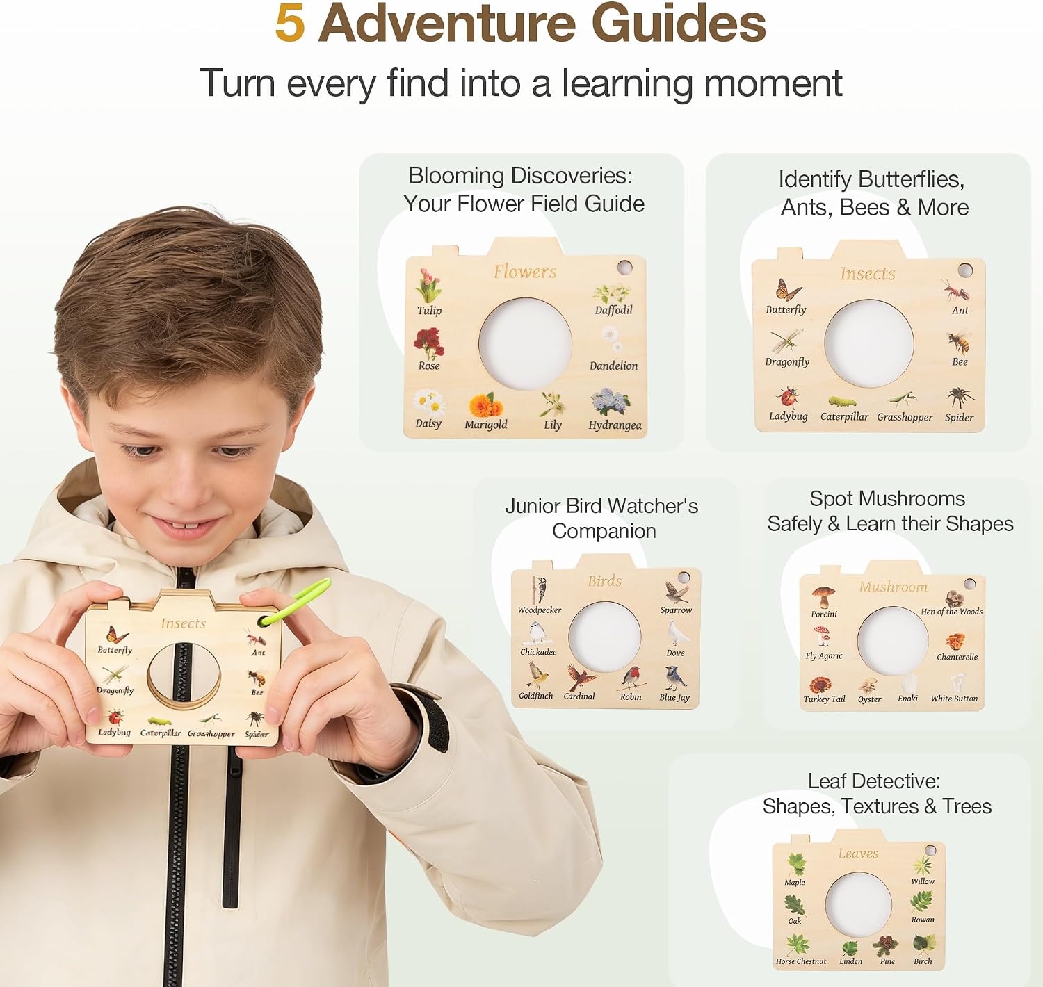 Wooden Bug Catcher Kit for Kids, 16-in-1 Outside Toys for Toddlers STEM Outdoor Explorer Set with 3-Way Observation Habitat, Butterfly Net, Magnifying Glass, Educational Gift for Boys Girls Ages 3-8 - Image 8