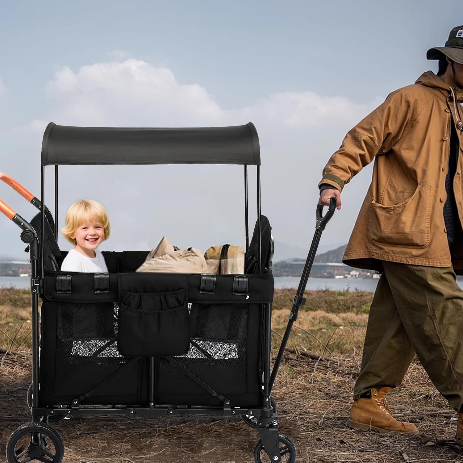 Wagon Stroller for 2 Kids, Foldable All-Terrain Wagon for Kids with Canopy, Adjustable Push and Pull Handles,Convertible High Seat & Organizer, 5 Point Harness (Black) - Image 8