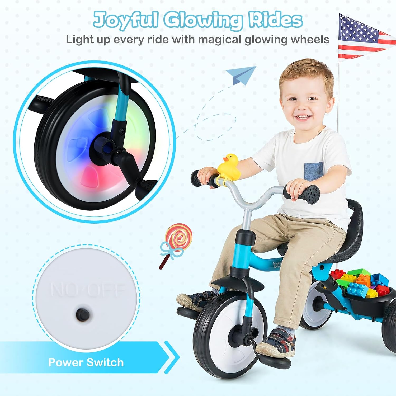 BABY JOY Toddler Bike, Folding Kids Tricycle w/Glowing Wheels, Flag, 3-Position Seat, Storage Basket & Squeaky Duck, Baby Trike Balance Bike for 1-3 Years Old Boys Girls Outdoor Play (Blue) - Image 4