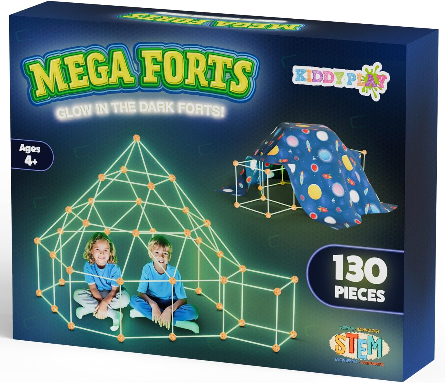KiddyPlay Mega Forts - 130 Piece Fort Building Kit For Kids - Glow in the Dark DIY Fort Making Kit - Build a Fort Building Kit - STEM Building Toys For Kids