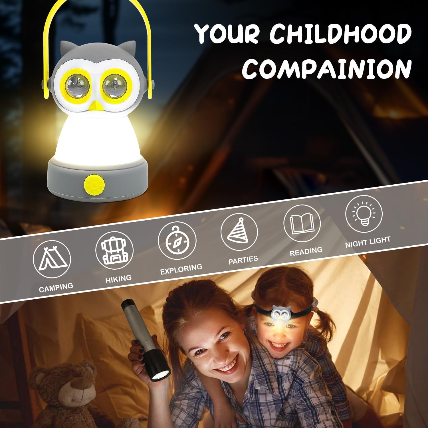 Portable LED Camping Lantern, Head Lamp Kit, Lightweight Battery Powered LED Flashlight for Indoor Outdoor, Kids Camping Gear Gift for Children's Day, Birthday, Easter, Adventure(Owl Set) - Image 5