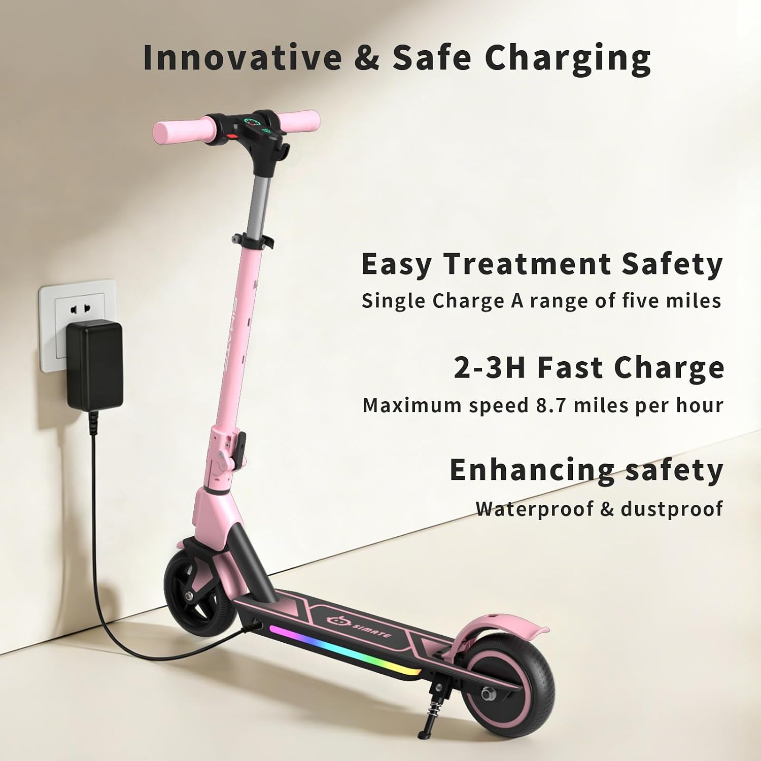 SIMATE Electric Scooter for Kids Ages 6-14, 3 Adjustable Heights 34"/37"/39", LED Display & Colorful Lights, Foldable Kids Electric Scooter, 8.7 MPH Safe Speed, Gifts for Boys Girls - Image 3