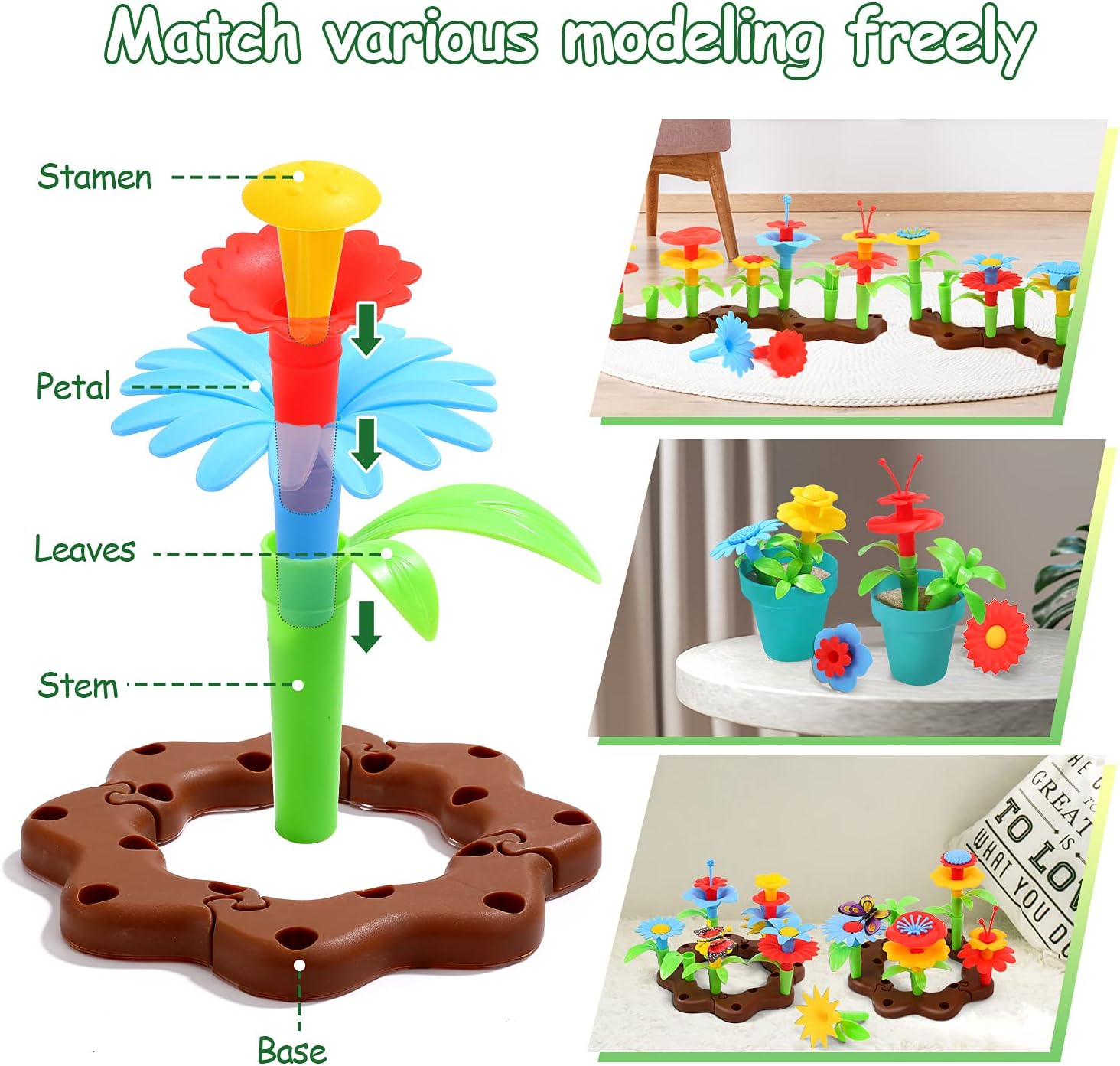 CUTE STONE Kids Gardening Tool Set, Garden Toys with Wheelbarrow, Watering Can, Shovel, Flower Garden Building Toy, Pretend Play Outdoor Indoor Activities Stem Toy Gifts for Boys Girls - Image 5