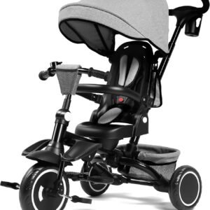 Kids Tricycle, 8 in 1 Foldable Trike with Adjustable Push Handle&Canopy, 360° Swivel Seat, 5-Point Harness, Rear Storage, Cup Holder, One-Step Brake, Tricycle for Toddlers 1-3 (Gray)