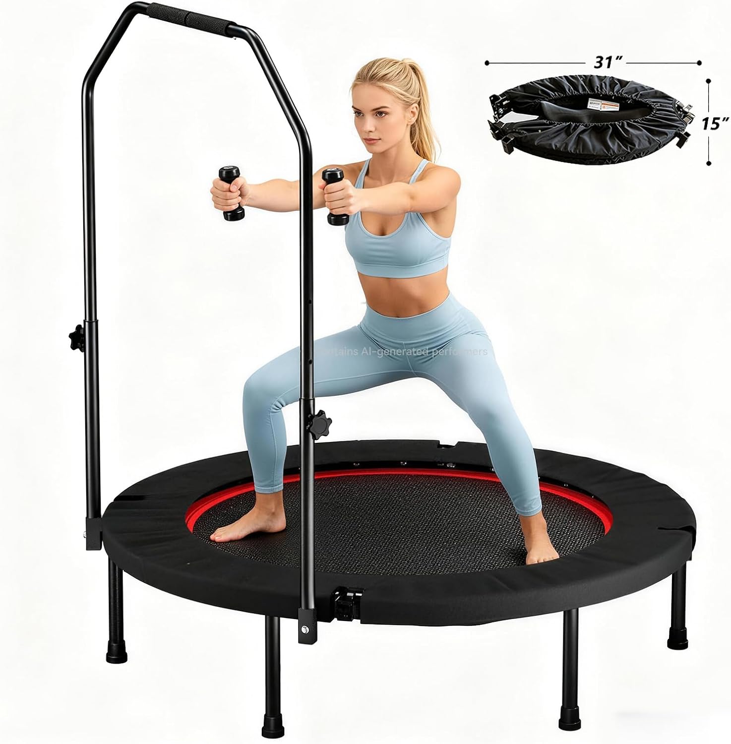 Trampoline, Portable Foldable Trampoline in-Home Mini Rebounder with Adjustable Handle, Exercise Trampoline for Adults, 40" Max Load 330lbs - Image 8