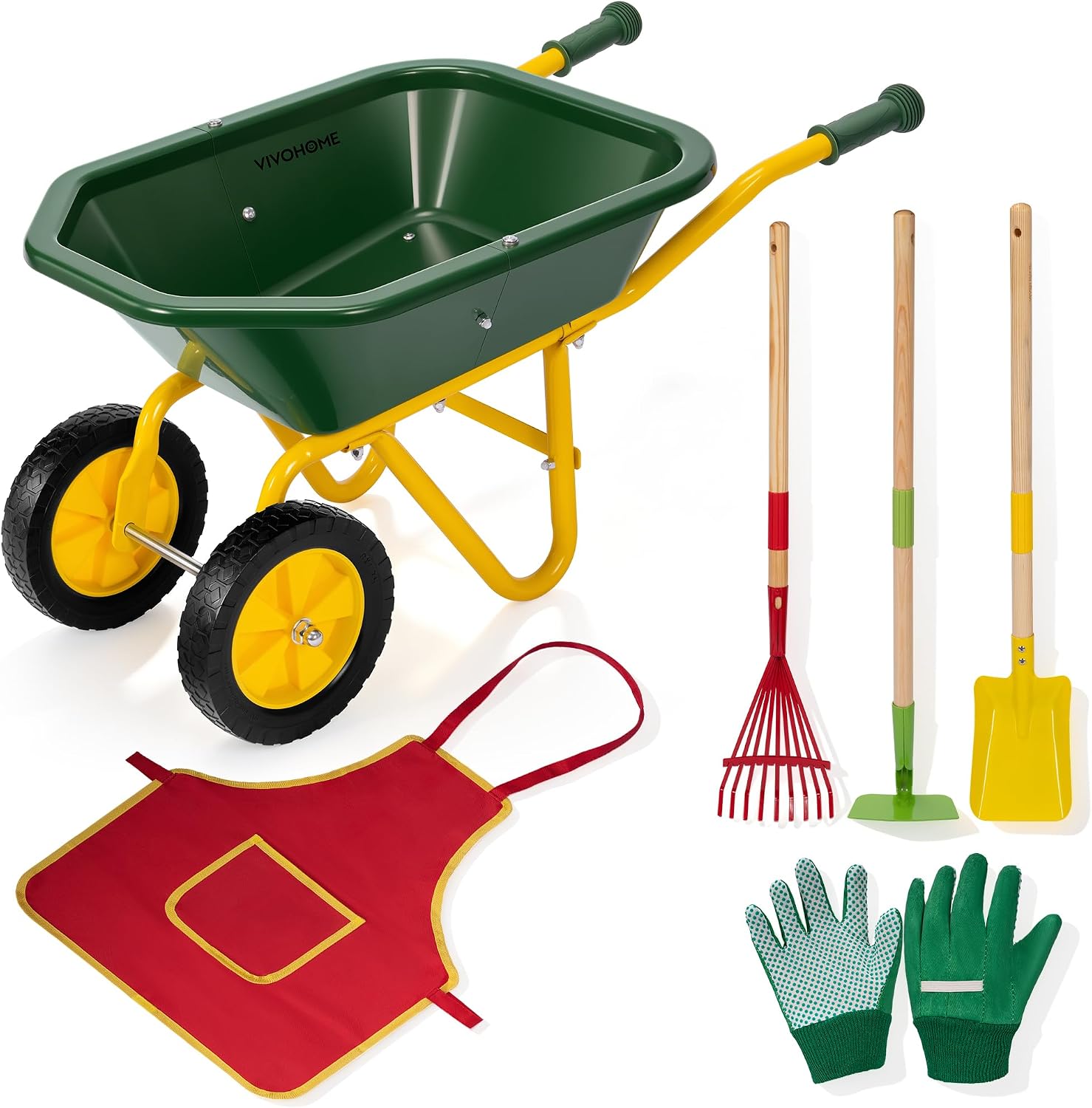 VIVOHOME 30" Kids Wheelbarrow Set 6 PCS Children Garden Cart | With Metal Gardening Tools, Apron & Gloves for Fun, Educational Backyard Play