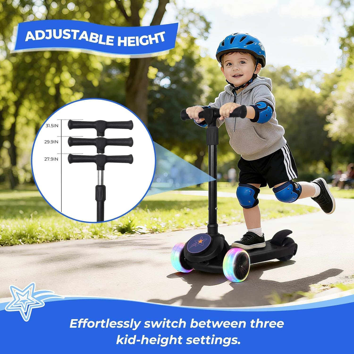 Nattork Kids Scooter for Girls Boys with Light Up Wheels, 3 Adjustable Height Handlebars, Lean-to-Steer Technology, Widen Anti-Slip Deck, 3 Wheel Scooter for kid ages 3-8, Support Riders Up to 110 LBS - Image 4