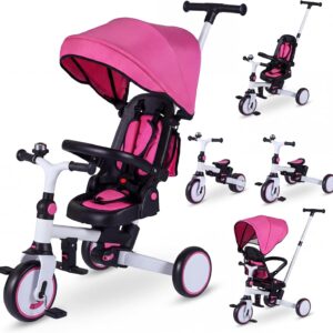 HONEY JOY Tricycle, 9-in-1 Toddler Bike w/Adjustable Push Handle & Canopy, Reversible Seat, Removable Pedal & Folding Rear Wheels, Safety Belt, Storage, Kids Trike for Boys Girls Aged 1-6 (Pink)