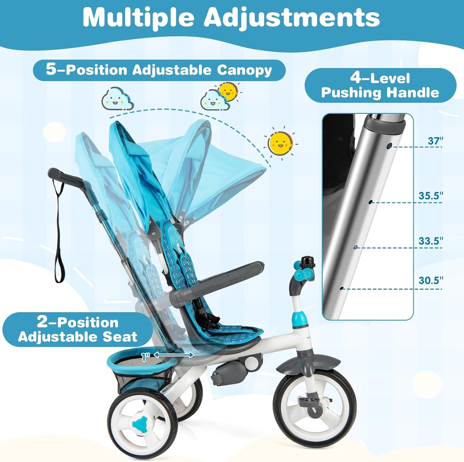 Costzon Tricycle for Toddlers, 6 in 1 Trike w/Parent Handle, Adjustable Canopy, Storage, Safety Harness & Wheel Brakes, Baby Push Tricycle Stroller for Kids Boys Girls Aged 9 Month-5 Years Old, Blue - Image 3