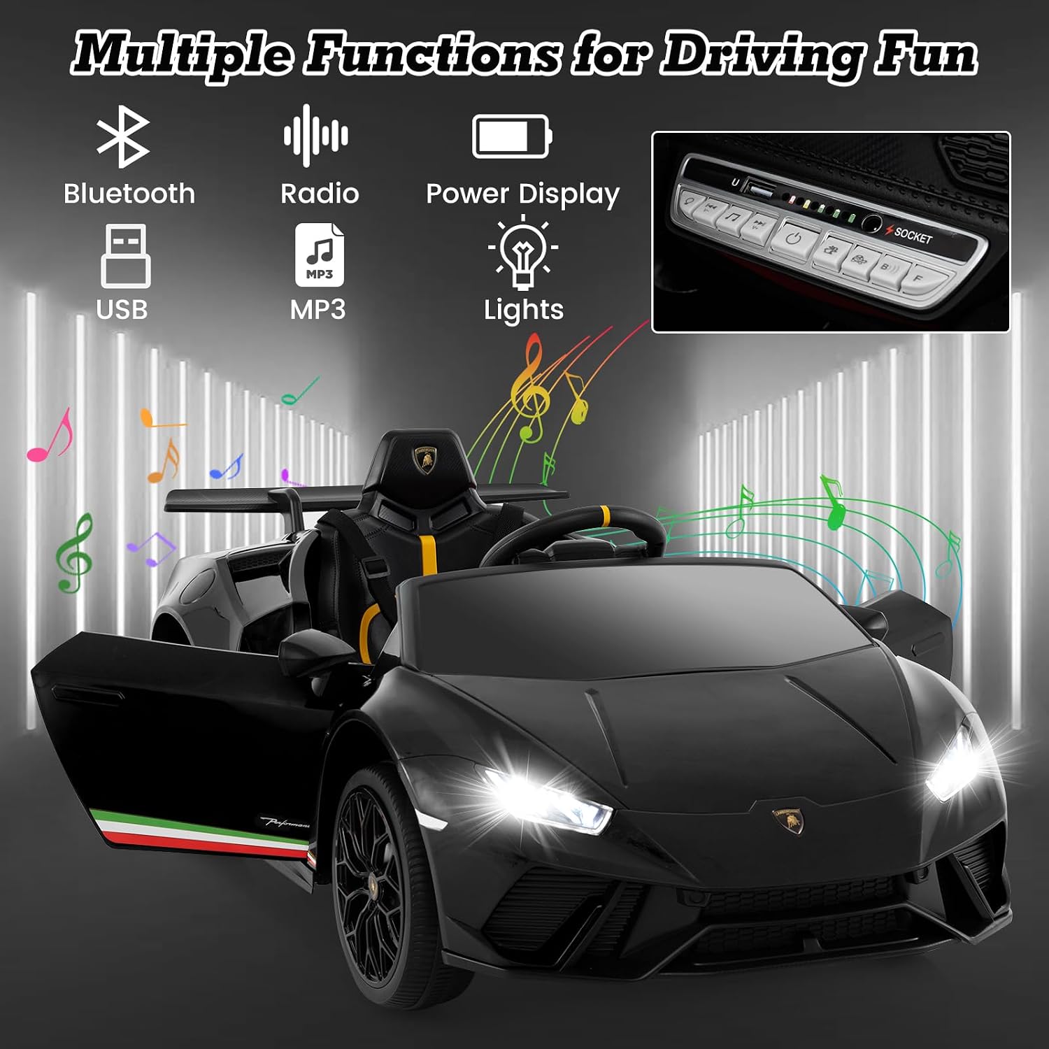 Licensed Lamborghini Huracan Ride on Car by INFANS, 12V Kids Electric Vehicle Battery Powered Toy with Remote Control, LED Lights, Spring Suspension, Bluetooth, MP3, Aged 3-8 Years (Black) - Image 5