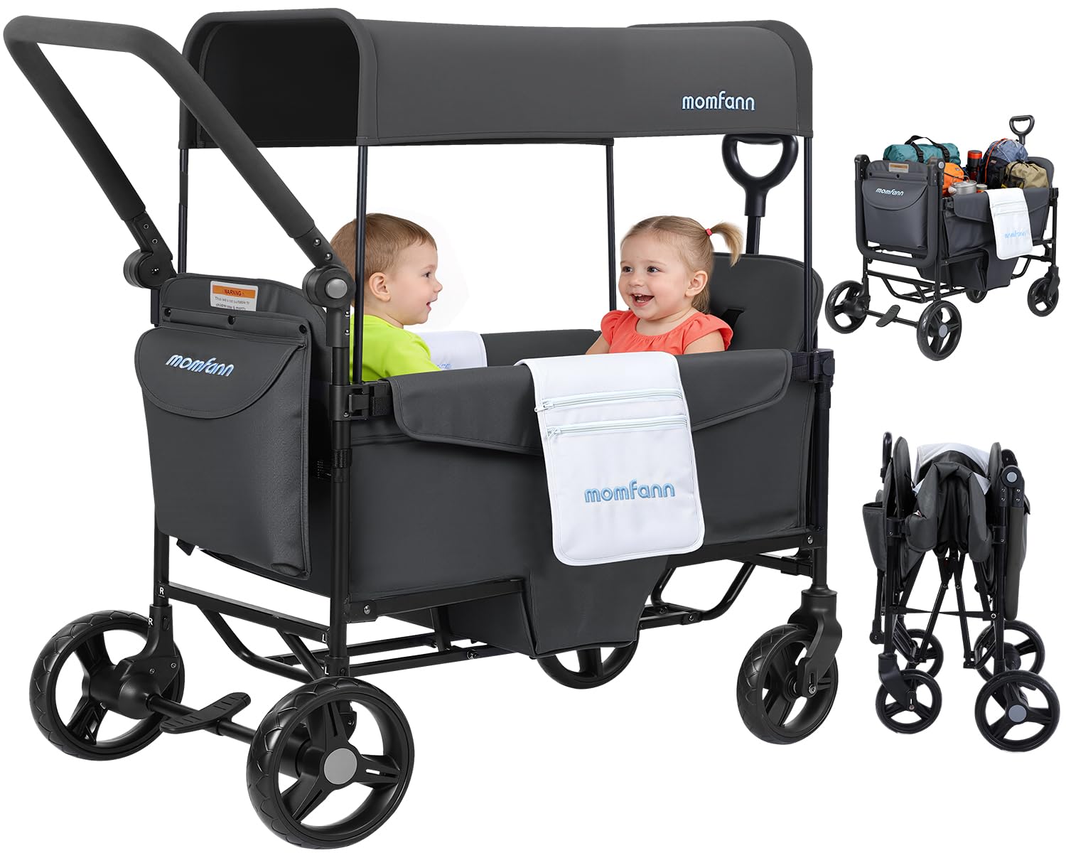 MOMFANN Wagon Stroller for 2 Kids, All-Terrain Foldable Baby Wagon with Adjustable Push & Pull Handle, 5-Point Harness, Removable Canopy, Footwell & Large Storage Bag-Gray